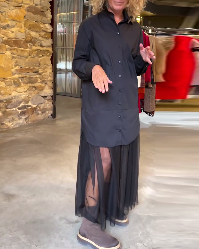 Leonie - Casual Długi Rękaw Siateczka Patchwork Sukienka